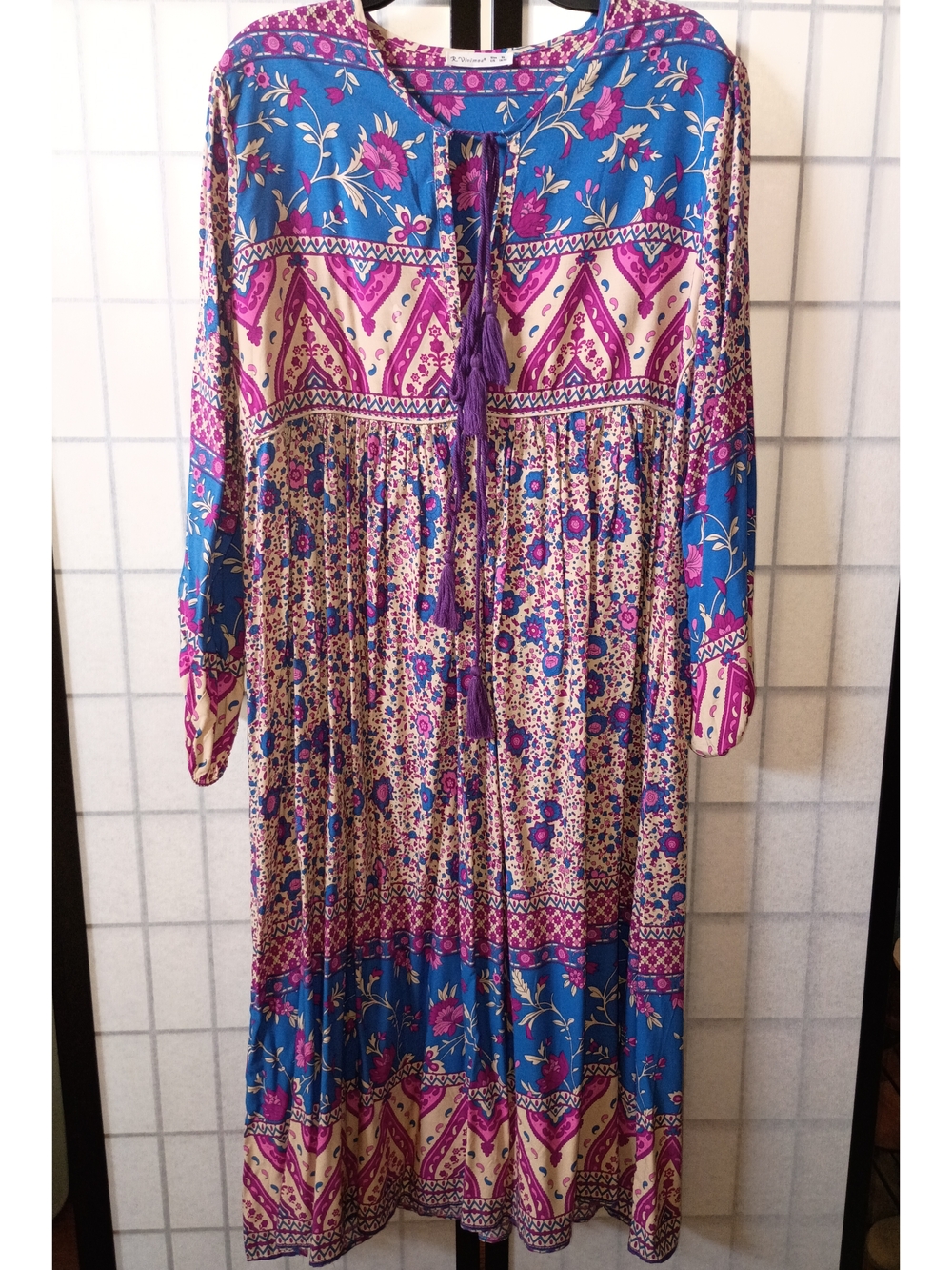 R. Vivimos Boho Midi Dress in Blue & Purple with Tassel Tie